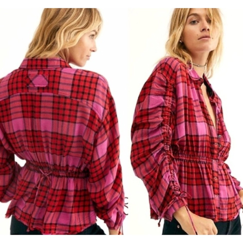NWT Free People Red‎ Pink Plaid Button Down Shirt Top Ruched Sleeve Raw Hem Wool